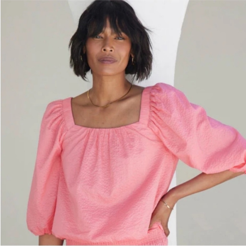 AYR | Midsummer Puff Blouse in Melon Pink Size Small Japanese Crinkle Cotton Top